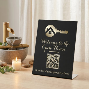 Luxury Black with Gold Key QR Code Real Estate Pedestal Sign