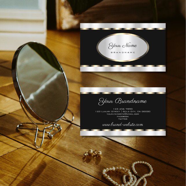 Luxury Black with Silver Effect and Gold Border Business Card (Creator Uploaded)