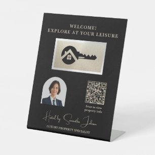 Luxury Blk Key Champagne Glitter Realtor QR Code Pedestal Sign