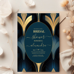 Luxury Blue and Gold Art Deco Bridal Invitation