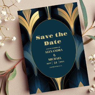 Luxury Blue and Gold Art Deco Wedding  Save The Date