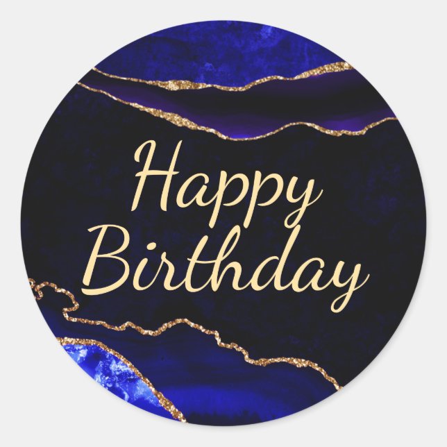 Luxury Blue and Gold Glitter Agate Birthday Classic Round Sticker (Front)