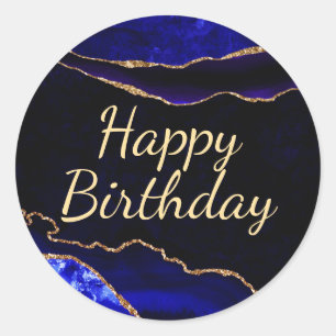 Luxury Blue and Gold Glitter Agate Birthday Classic Round Sticker
