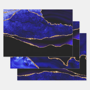 Luxury Blue and Gold Glitter Agate Birthday Wrapping Paper Sheet