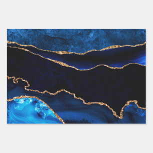 Luxury Blue and Gold Glitter Agate Happy Birthday Wrapping Paper Sheet