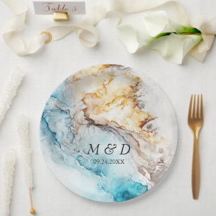Luxury Blue And Gold Marble Wedding  Paper Plate