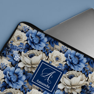 Luxury Blue and Ivory Flowers Elegant Laptop Case
