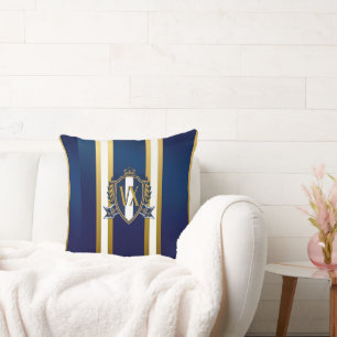 Luxury Blue and White Monogrammed Crest Decorative Cushion