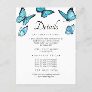 Luxury blue butterflies. Stylish Wedding Details Enclosure Card