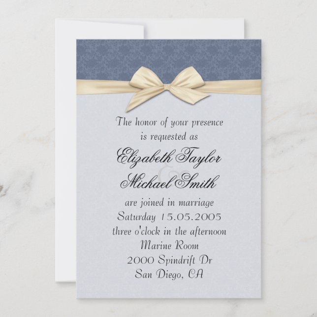 Luxury Blue Elegant Damask Ribbon Wedding Invite (Front)