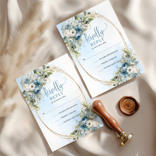 Luxury Blue Eucalyptus Gold Wedding RSVP Card