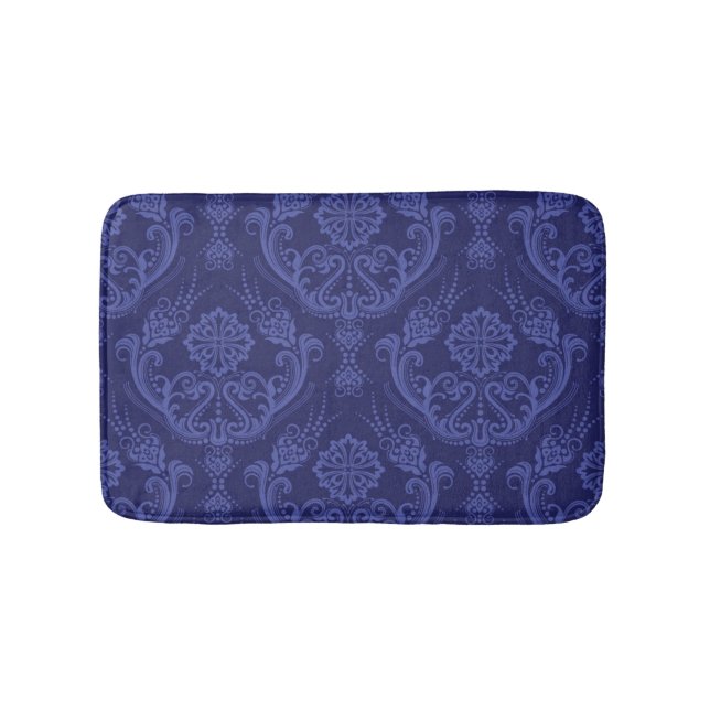 Luxury blue floral damask wallpaper bath mat (Front)