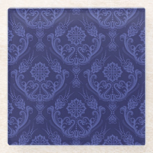 Luxury blue floral damask wallpaper glass coaster