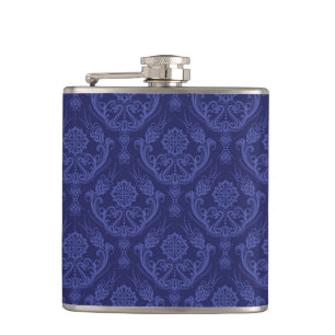 Luxury blue floral damask wallpaper hip flask