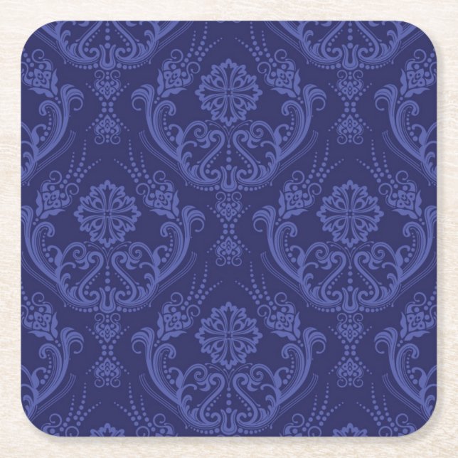 Luxury blue floral damask wallpaper square paper coaster (Front)