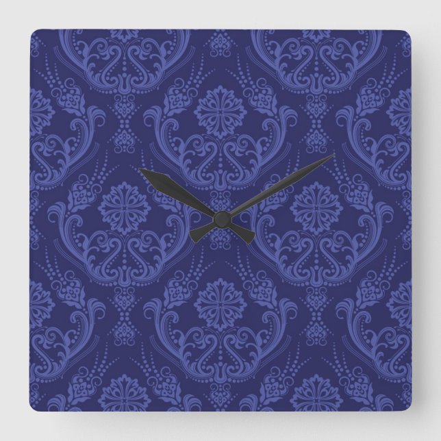 Luxury blue floral damask wallpaper square wall clock (Front)