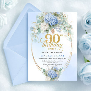 Luxury Blue Floral Watercolor 90th Birthday Invite