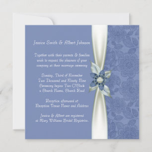 Luxury Blue Flower Ribbon Damask Wedding Invite
