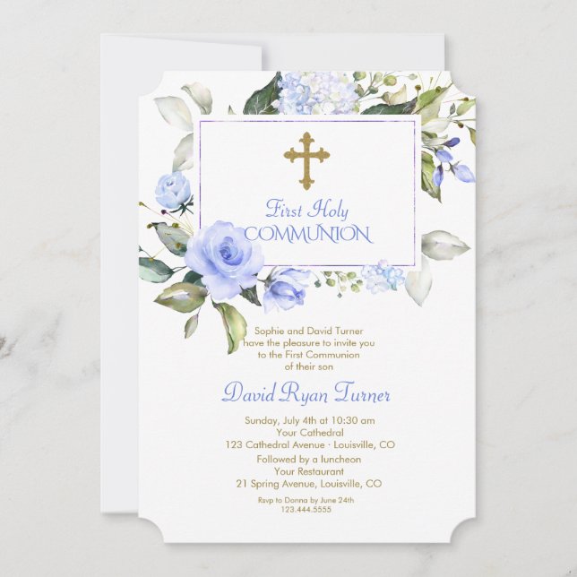 Luxury Blue Flowers Gold First Holy Communion Invitation (Front)