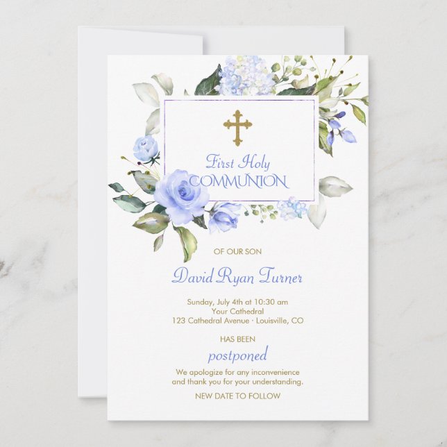 Luxury Blue Flowers Gold First Holy Communion Invitation (Front)