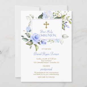Luxury Blue Flowers Gold First Holy Communion Invitation