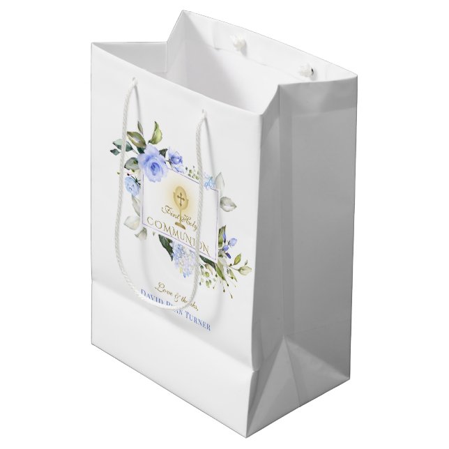 Luxury Blue Flowers Gold First Holy Communion Medium Gift Bag (Front Angled)