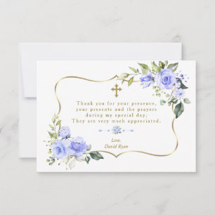 Luxury Blue Flowers Gold Frame Boy Baptism Thank You Card