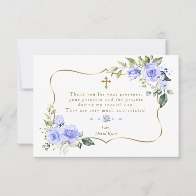 Luxury Blue Flowers Gold Frame Boy Baptism Thank You Card (Front)