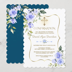 Luxury Blue Flowers Gold Frame Boy Confirmation Invitation