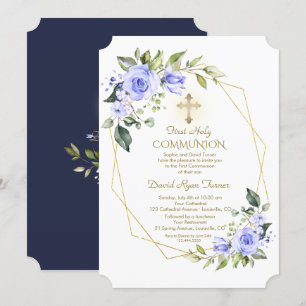 Luxury Blue Flowers Gold Frame Holy Communion Invitation