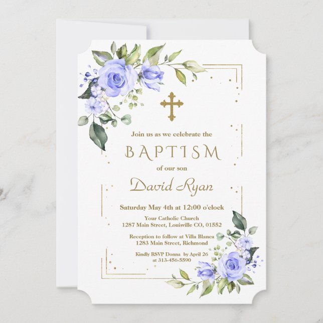 Luxury Blue Flowers Gold Glitter Boy Baptism Invitation (Front)