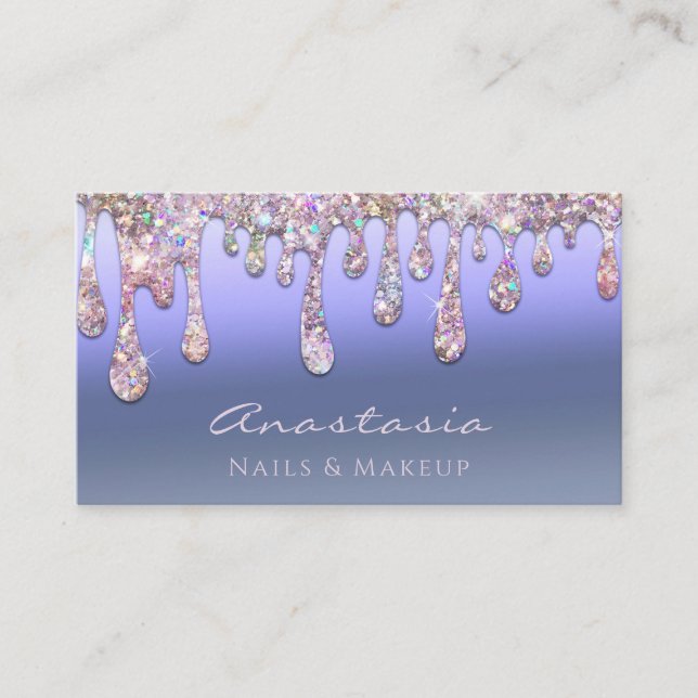 Luxury Blue Foil Glitter Drips Makeup Artist Business Card (Front)