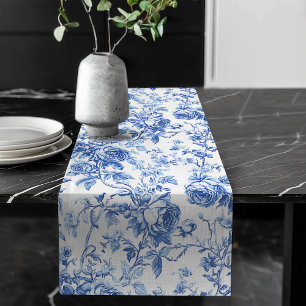 Luxury Blue French Toile Roses Floral Table Runner