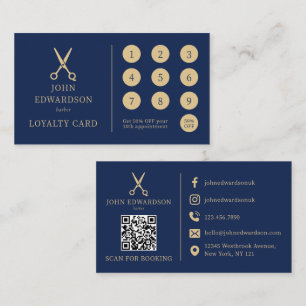 Luxury Blue Gold Barber Scissors Logo QR Code Loyalty Card