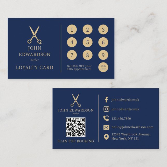 Luxury Blue Gold Barber Scissors Logo QR Code Loyalty Card (Front/Back)