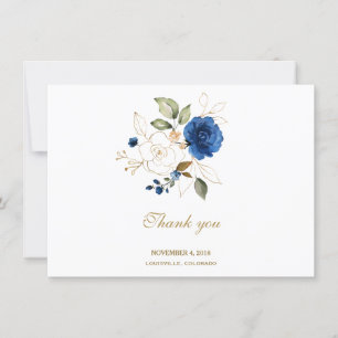 Luxury Blue Gold Floral Wedding Thank You