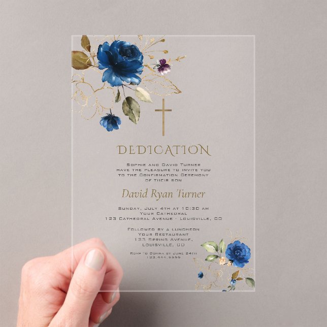 Luxury Blue Gold Flowers Boy Dedication  Acrylic Invitations (Insitu (Handheld))