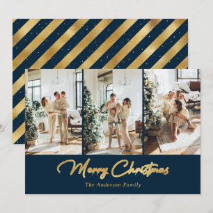 Luxury Blue Gold Foil Photo Merry Christmas Holiday Card