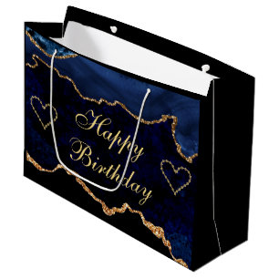 Luxury Blue & Gold Glitter Agate Happy Birthday Large Gift Bag
