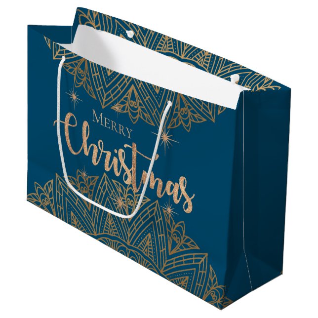 Luxury Blue Gold Mandala Elegant Merry Christmas Large Gift Bag (Front Angled)