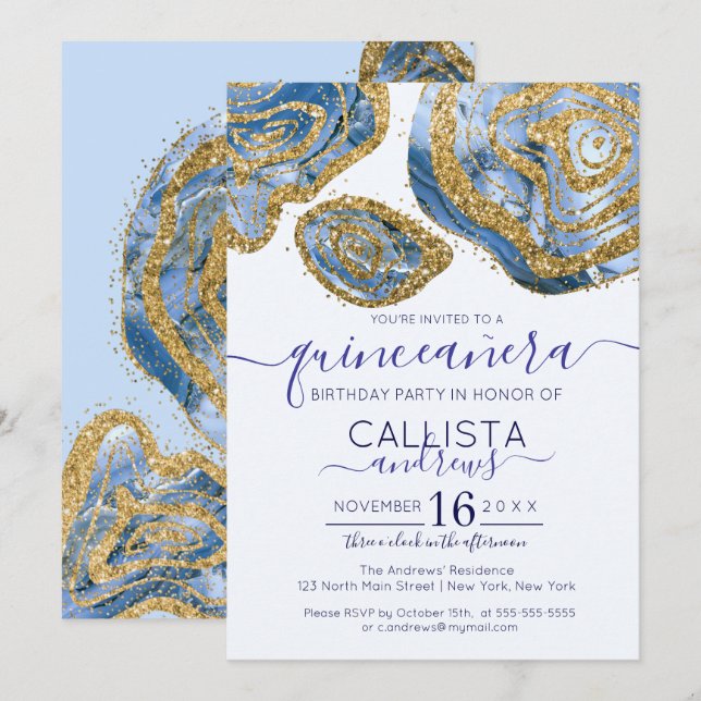 Luxury Blue Gold Marble Agate Glitter Quinceañera Invitation (Front/Back)
