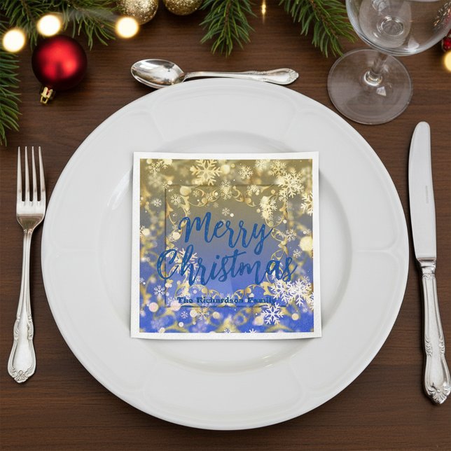 Luxury Blue Gold Snowflake Winter Holiday Party Napkin (Creator Uploaded)
