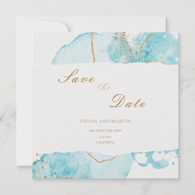 Luxury Blue Gold Watercolor Abstract Save The Date Invitation (Front)