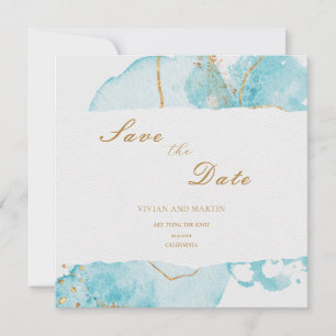 Luxury Blue Gold Watercolor Abstract Save The Date Invitation