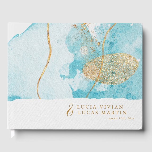 Luxury Blue Gold Watercolor Abstract Wedding  Guest Book (Front)
