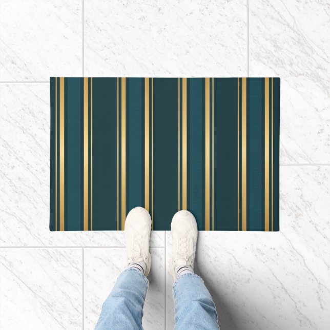 Luxury Blue Green Gold Stripe Gift Wrap Pattern Doormat (Indoor)