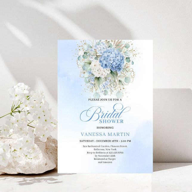 Luxury Blue Hydrangea Bridal Shower Gold Invitatio Invitation (Luxury Blue Hydrangea Bridal Shower Gold Invitation)