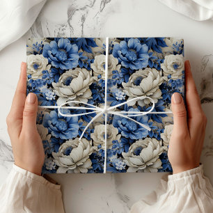 Luxury Blue Ivory Floral Elegant Gift Wrapping  Paper