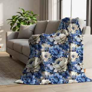 Luxury Blue Ivory Floral Elegant Sherpa Blanket