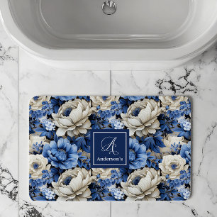 Luxury Blue Ivory Flowers Personalised Bath Mat